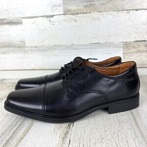 Clarks Men’s 9 Black Leather Tilden Cap Oxford Causual Dress Shoes Lace Up NEW